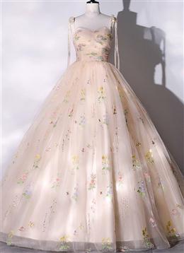 Picture of Champagne Floral Tulle Straps Sweetheart Long Party Dresses, Ball Gown Sweet 16 Dress